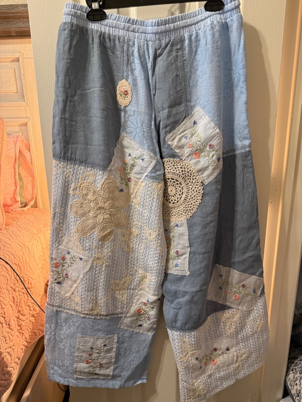 Bohemian Patchwork Wide-Leg Pants in Light Blue - Picture 8 of 15